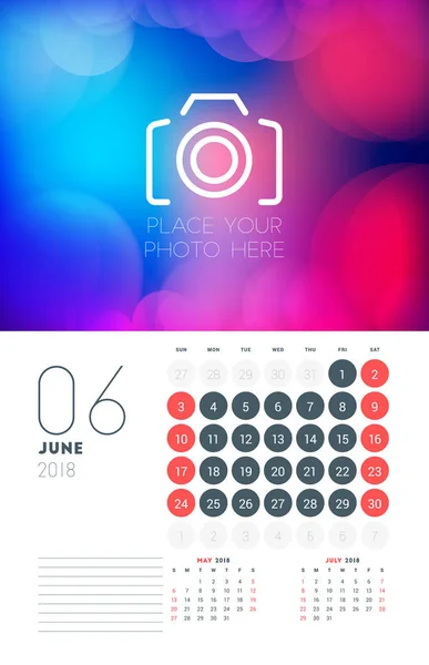 Шаблон планировщика календаря на июнь 2018 года. Шаблон векторной печати с абстрактным фоном или местом для фотографии. Неделя начинается в воскресенье — стоковый вектор