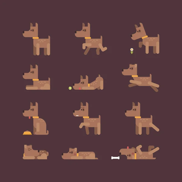 Petit chien drôle mis en différentes poses. Chiot brun. Illustration plate — Image vectorielle