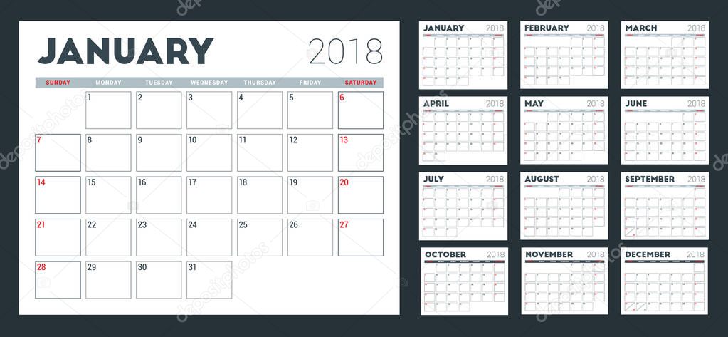 Calendar planner for 2018 year. Week starts on Sunday. Vector design print template