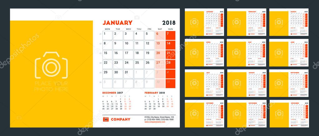 Desk calendar for 2018 year. Week starts on Monday. Vector design print template