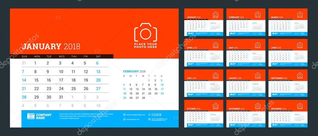 Desk calendar for 2018 year. Week starts on Monday. Vector design print template