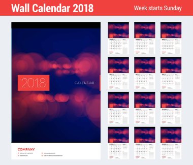 Duvar takvimi planlayıcısı şablonunu 2018 yıl için. Kapak sayfası ile 12 sayfa grubu. Vektör tasarım şablon arka plan ile yazdırabilir veya fotoğraf için yerleştirin. Hafta Pazar günü başlar
