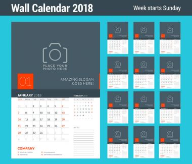Duvar takvimi planlayıcısı şablonunu 2018 yıl için. 12 ay kümesi. Vektör tasarım yer için fotoğraf yazdırma şablonu. Hafta Pazar günü başlar