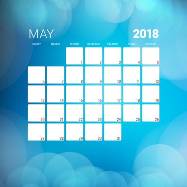 Mayıs 2018. Takvim planlayıcısı tasarım şablonu arka plan ile. Hafta Pazar günü başlar