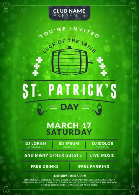 Tipografi poster veya el ilanı şablonu St Patricks günü partisi. Vintage bira Etiket ışık efektleri ile yeşil zemin üzerine