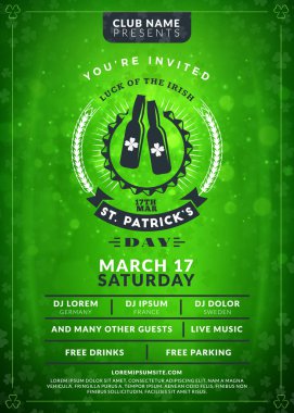 Tipografi poster veya el ilanı şablonu St Patricks günü partisi. Vintage bira Etiket ışık efektleri ile yeşil zemin üzerine