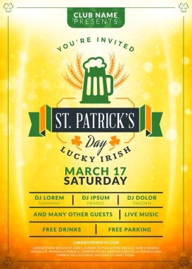Saint Patricks günü kutlama. Tipografi poster ya da parti flyer şablonu. Vintage bira Etiket ışık efektleri ile altın zemin üzerine