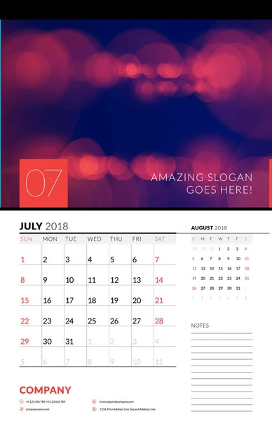 Wall calendar planner template for July 2018. Vector design print template with abstract background or place for photo. Week starts on Sunday — Stock Vector