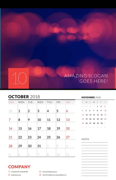Ścianie kalendarz planner szablon do października 2018 r. Wektor wzór wydrukować szablon z streszczenie tło lub miejsce na zdjęcie. Tydzień rozpoczyna się w niedzielę — Wektor stockowy