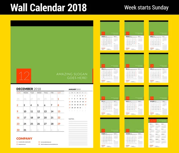 Πρότυπο planner ημερολογίου τοίχου για το έτος 2018. Σετ των 12 μηνών. Διάνυσμα πρότυπο εκτύπωσης σχεδίασης με θέση για φωτογραφία. Εβδομάδα ξεκινά την Κυριακή — Διανυσματικό Αρχείο
