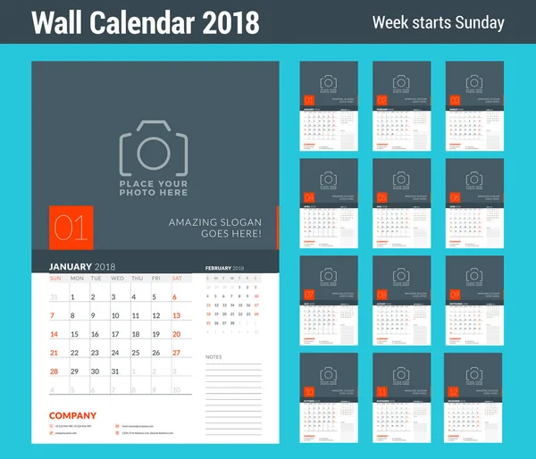 Πρότυπο planner ημερολογίου τοίχου για το έτος 2018. Σετ των 12 μηνών. Διάνυσμα πρότυπο εκτύπωσης σχεδίασης με θέση για φωτογραφία. Εβδομάδα ξεκινά την Κυριακή — Διανυσματικό Αρχείο
