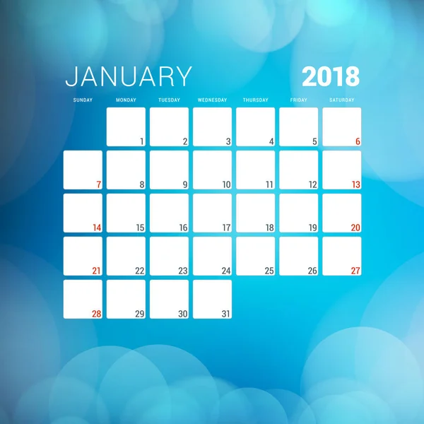 Janeiro de 2018. Modelo de design de planejador de calendário com fundo abstrato. Semana começa no domingo — Vetor de Stock