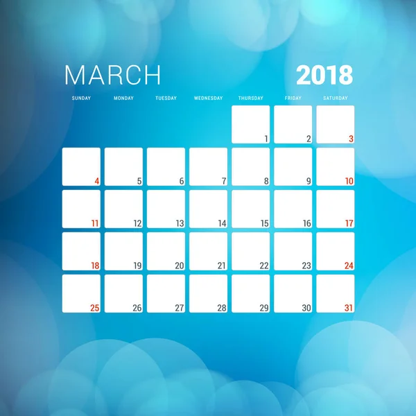 Março de 2018. Modelo de design de planejador de calendário com fundo abstrato. Semana começa no domingo — Vetor de Stock