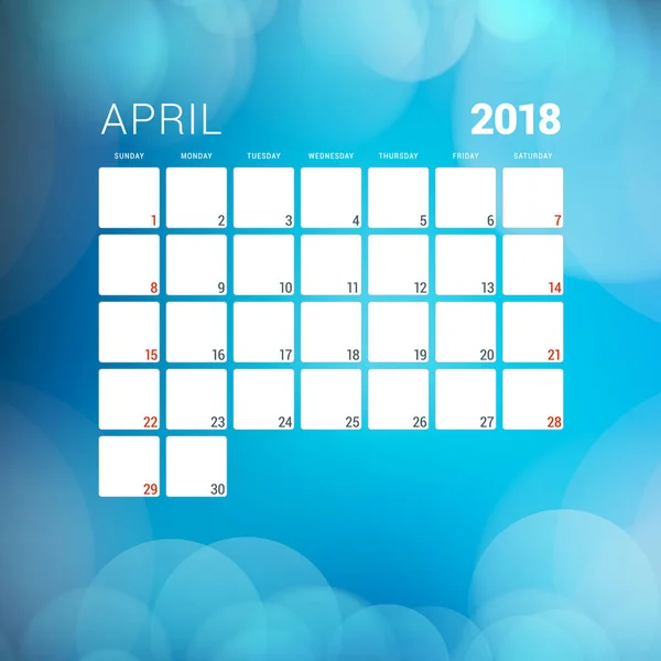 April 2018. Kalenderplaner-Design-Vorlage mit abstraktem Hintergrund. Woche beginnt am Sonntag — Stockvektor