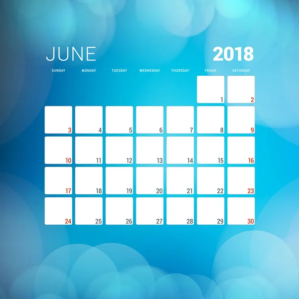 Junio de 2018. Plantilla de diseño de planificador de calendario con fondo abstracto. La semana comienza el domingo — Vector de stock