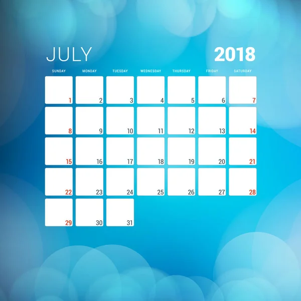 Juillet 2018. Modèle de conception de planificateur de calendrier avec fond abstrait. La semaine commence le dimanche — Image vectorielle