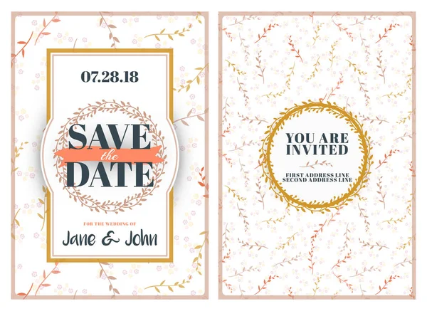 Guarda la fecha. Invitación de boda plantilla de diseño de tarjeta de doble cara con lindo fondo floral. Diseño de papelería. Ilustración vectorial — Archivo Imágenes Vectoriales