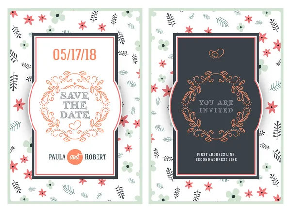 Tarih edersiniz. Düğün davetiye kartı çift taraflı tasarım şablonu sevimli çiçek arka plan ile. İleti örneği tasarımı. Vektör çizim — Stok Vektör