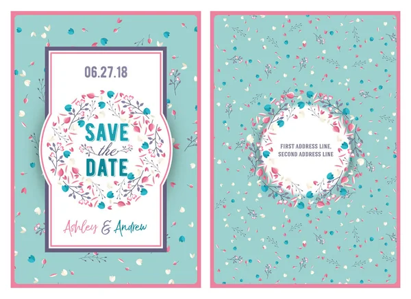 Save the date. Wedding invitation double-sided card design template with cute floral background. Stationery design. Vector illustration — Stock Vector