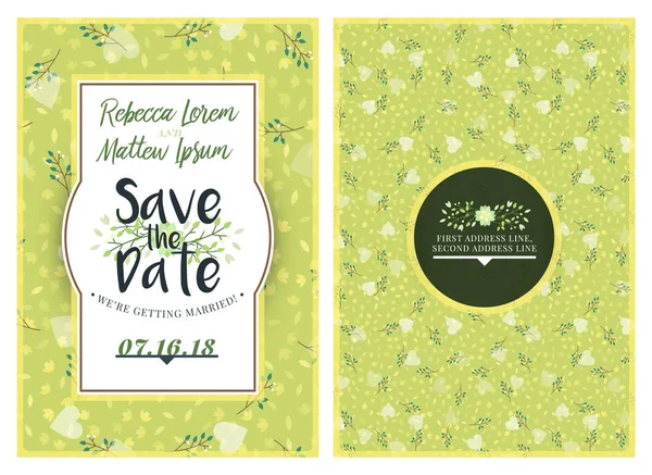 Save the date. Wedding invitation double-sided card design template with cute floral background. Stationery design. Vector illustration — Stock Vector