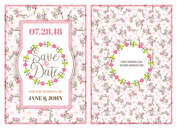 Tarih edersiniz. Düğün davetiye kartı çift taraflı tasarım şablonu sevimli çiçek arka plan ile. İleti örneği tasarımı. Vektör çizim — Stok Vektör