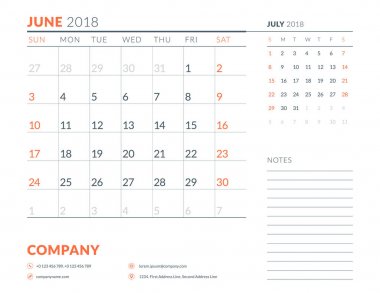 Haziran 2018. Takvim planlayıcısı tasarım şablonu. Hafta Pazar günü başlar. İleti örneği tasarım