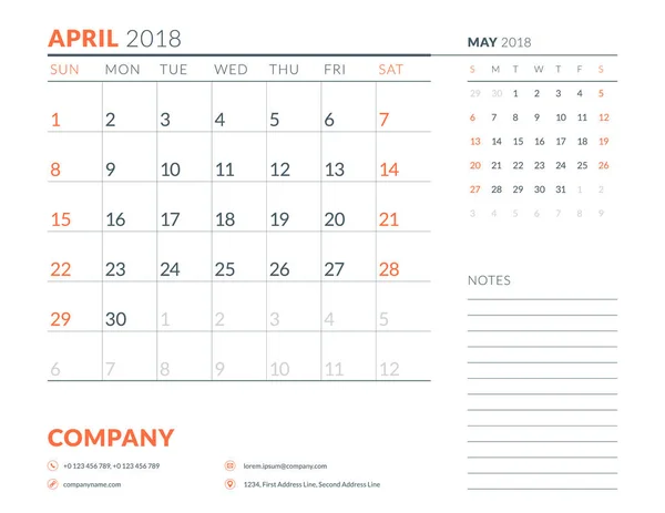 Kwietnia 2018 r. Szablon projektu planner kalendarz. Tydzień rozpoczyna się w niedzielę. Projektowanie papeterii — Wektor stockowy