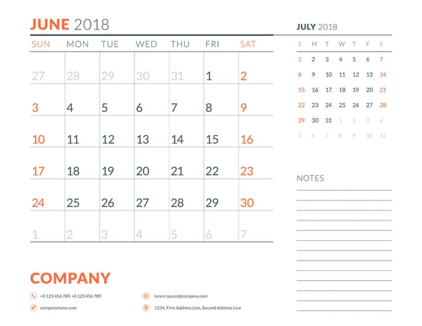 Czerwca 2018 r. Szablon projektu planner kalendarz. Tydzień rozpoczyna się w niedzielę. Projektowanie papeterii — Wektor stockowy