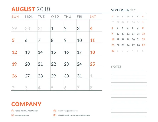 Sierpień 2018 r. Szablon projektu planner kalendarz. Tydzień rozpoczyna się w niedzielę. Projektowanie papeterii — Wektor stockowy