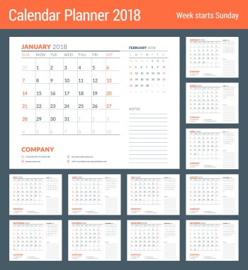 2018 yıl için takvim planlayıcısı tasarım şablonu. 12 ay kümesi. Hafta Pazar günü başlar. İleti örneği tasarım