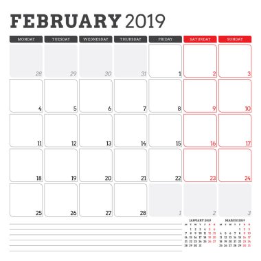 Şubat 2019 için takvim planlayıcısı. Hafta Pazartesi günü başlar. Yazdırılabilir vektör ileti örneği tasarım şablonu