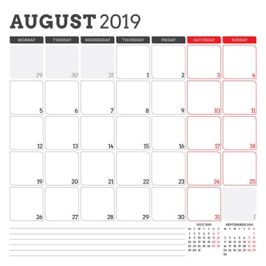 Ağustos 2019 için takvim planlayıcısı. Hafta Pazartesi günü başlar. Yazdırılabilir vektör ileti örneği tasarım şablonu