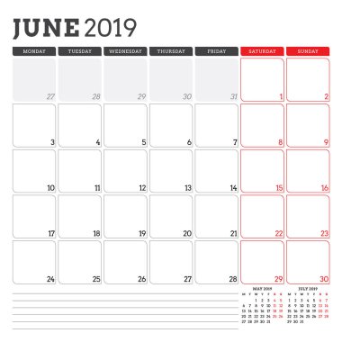 Haziran 2019 için takvim planlayıcısı. Hafta Pazartesi günü başlar. Yazdırılabilir vektör ileti örneği tasarım şablonu