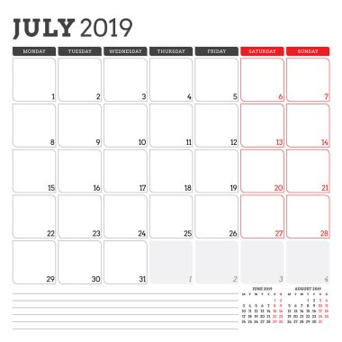 Takvim planlayıcısı için Temmuz 2019. Hafta Pazartesi günü başlar. Yazdırılabilir vektör ileti örneği tasarım şablonu