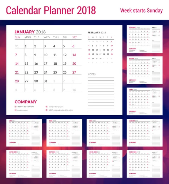 Plantilla de diseño de planificador de calendario para 2018 año. Conjunto de 12 meses. La semana comienza el domingo. Diseño de papelería — Archivo Imágenes Vectoriales