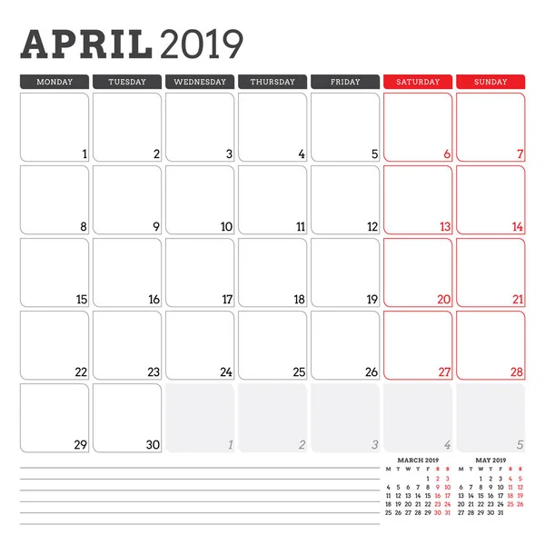 Planejador do calendário para abril de 2019. A semana começa na segunda. Modelo de design de papelaria vetorial imprimível — Vetor de Stock