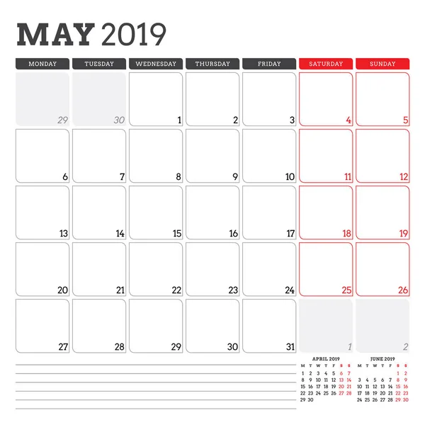 Calendar planner for May 2019. Week starts on Monday. Printable vector stationery design template — Stock Vector