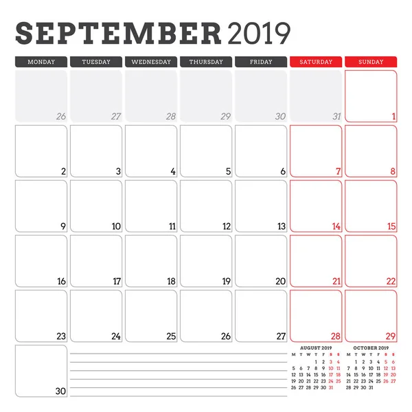 Planejador do calendário para setembro de 2019. A semana começa na segunda. Modelo de design de papelaria vetorial imprimível —  Vetores de Stock
