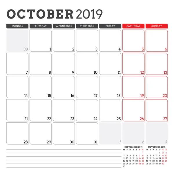 Kalender planner voor oktober 2019. Week begint op maandag. Afdrukbare vector briefpapier ontwerpsjabloon — Stockvector