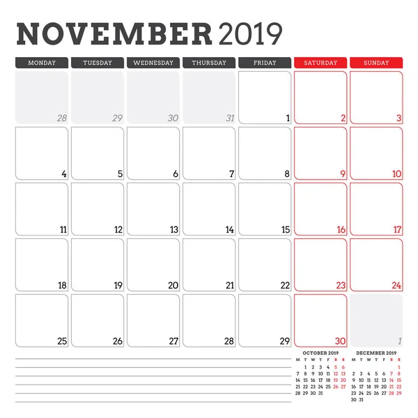 Planificador de calendario para noviembre de 2019. La semana comienza el lunes. Plantilla de diseño de papelería vectorial imprimible — Vector de stock