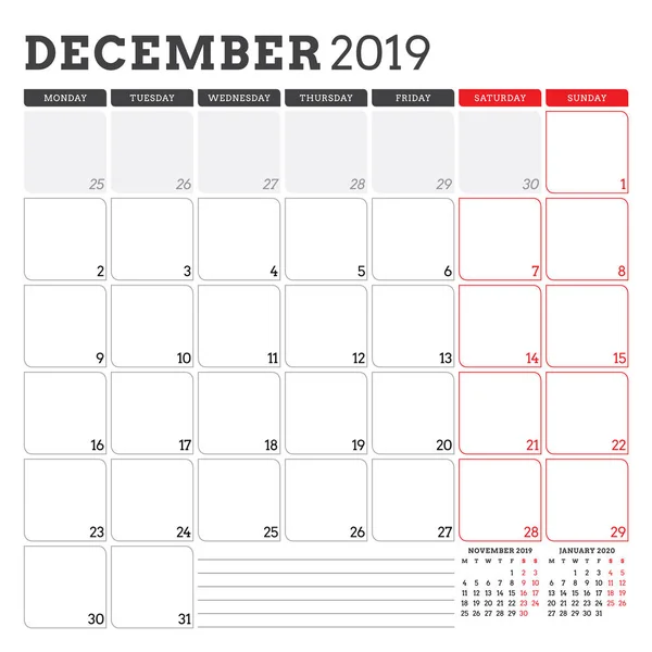 Ημερολόγιο για το σχεδιασμό για Δεκεμβρίου 2019. Εβδομάδα ξεκινά τη Δευτέρα. Πρότυπο σχεδίασης επιστολόχαρτου εκτυπώσιμη διάνυσμα — Διανυσματικό Αρχείο