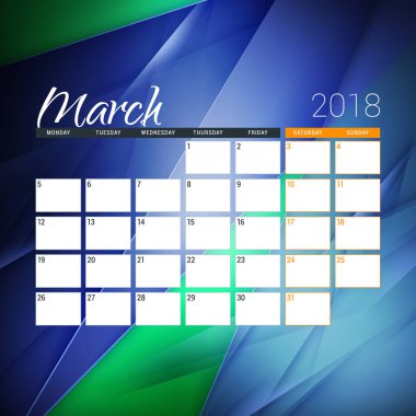 Mart 2018. Takvim planlayıcısı tasarım şablonu arka plan ile. Hafta Pazartesi günü başlar
