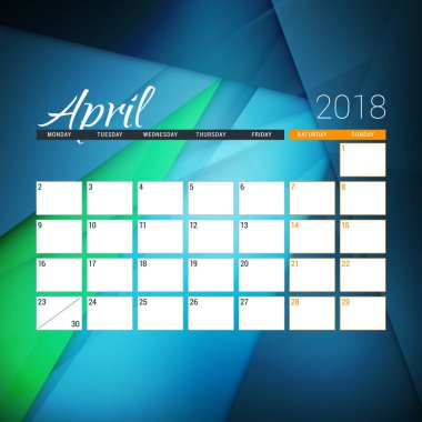 Nisan 2018. Takvim planlayıcısı tasarım şablonu arka plan ile. Hafta Pazartesi günü başlar