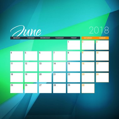 Haziran 2018. Takvim planlayıcısı tasarım şablonu arka plan ile. Hafta Pazartesi günü başlar