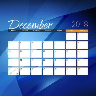 Aralık 2018. Takvim planlayıcısı tasarım şablonu arka plan ile. Hafta Pazartesi günü başlar