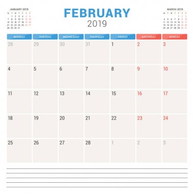 Şubat 2019 için takvim planlayıcısı. Hafta Pazartesi günü başlar. Yazdırılabilir vektör ileti örneği tasarım şablonu