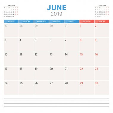 Haziran 2019 için takvim planlayıcısı. Hafta Pazartesi günü başlar. Yazdırılabilir vektör ileti örneği tasarım şablonu