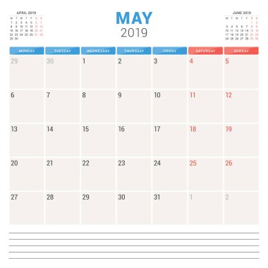 Mayıs 2019 için takvim planlayıcısı. Hafta Pazartesi günü başlar. Yazdırılabilir vektör ileti örneği tasarım şablonu