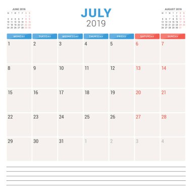 Takvim planlayıcısı için Temmuz 2019. Hafta Pazartesi günü başlar. Yazdırılabilir vektör ileti örneği tasarım şablonu