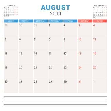 Ağustos 2019 için takvim planlayıcısı. Hafta Pazartesi günü başlar. Yazdırılabilir vektör ileti örneği tasarım şablonu